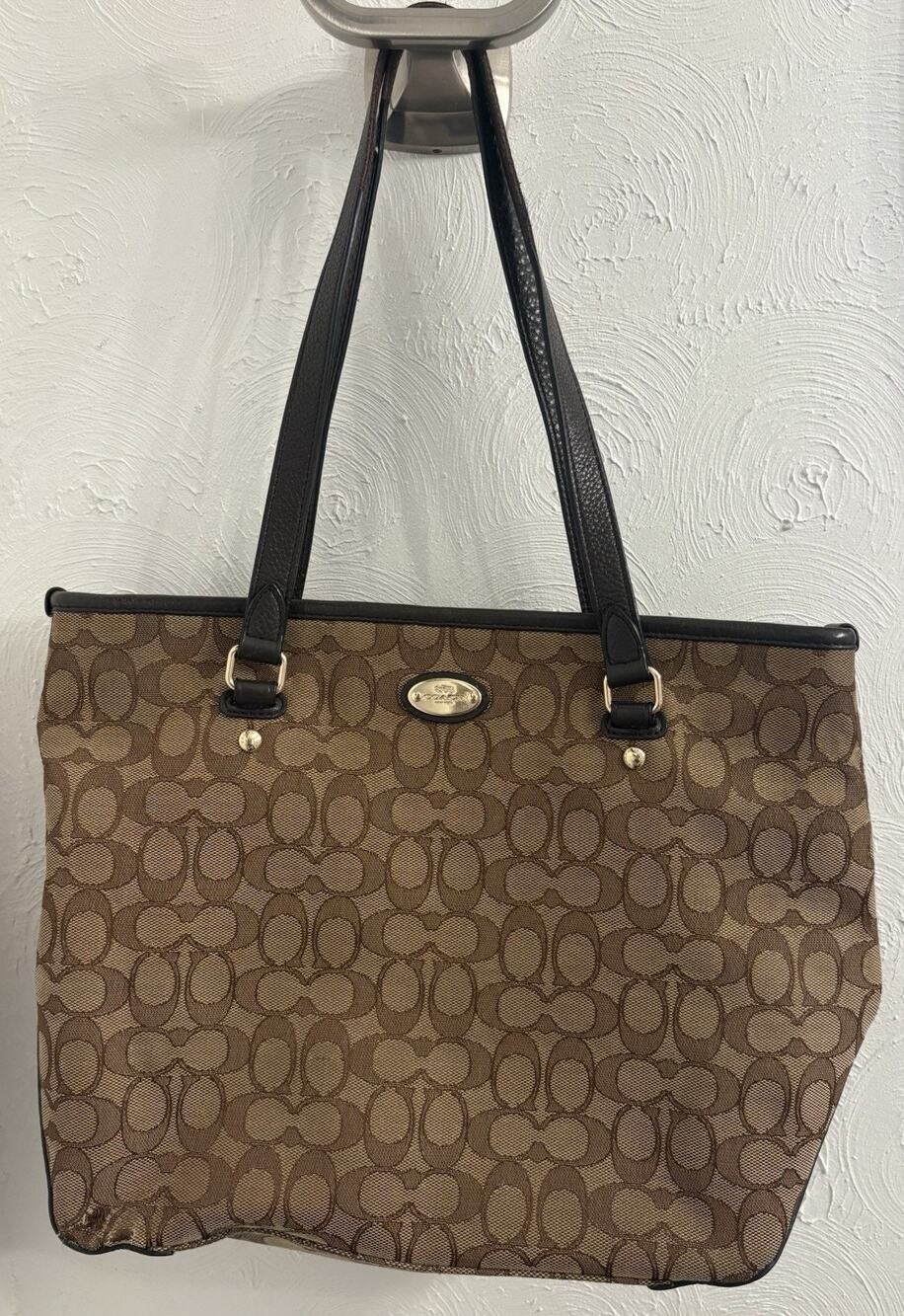 Coach Signature Jacquard Tote Bag Khaki Brown Leather Trim Gold Hardware 11x14x5